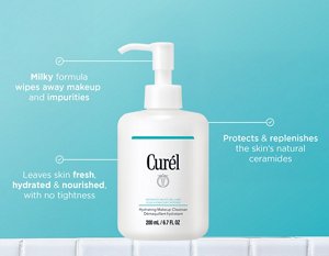 Infographic describing the benefits of using Curél Hydrating Makeup Cleanser